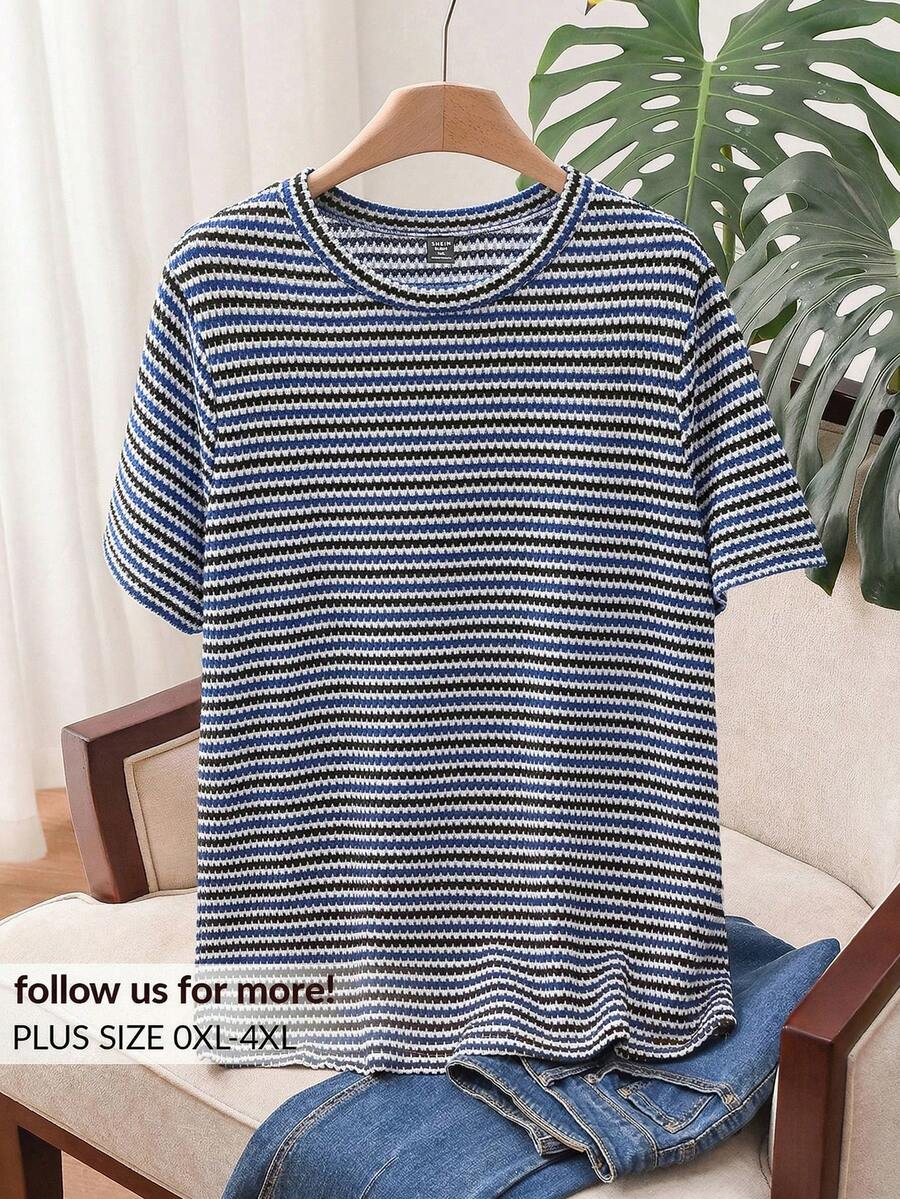 CosyJoli Camiseta de verano casual de cuello redondo y manga corta con estampado de rayas para mujer de talla grande - Azul - Ver 1