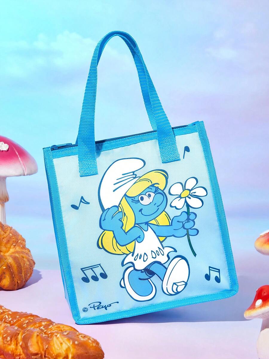 SHEIN X The Smurfs 1个印花图案保温午餐包,可保温或保冷,野餐包,大容量,可装午餐盒和饮料,适合野餐、露营、旅行、家庭使用,适合家庭、学生,清新,蓝精灵图案 - 淺藍色 - 查看 1