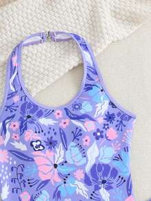 SHEIN 少女可爱紫色、白色波点、粉色花卉印花针织面料可调节领口连体泳衣和短裤，适合夏季海滩度假 - 紫色 - 查看 4