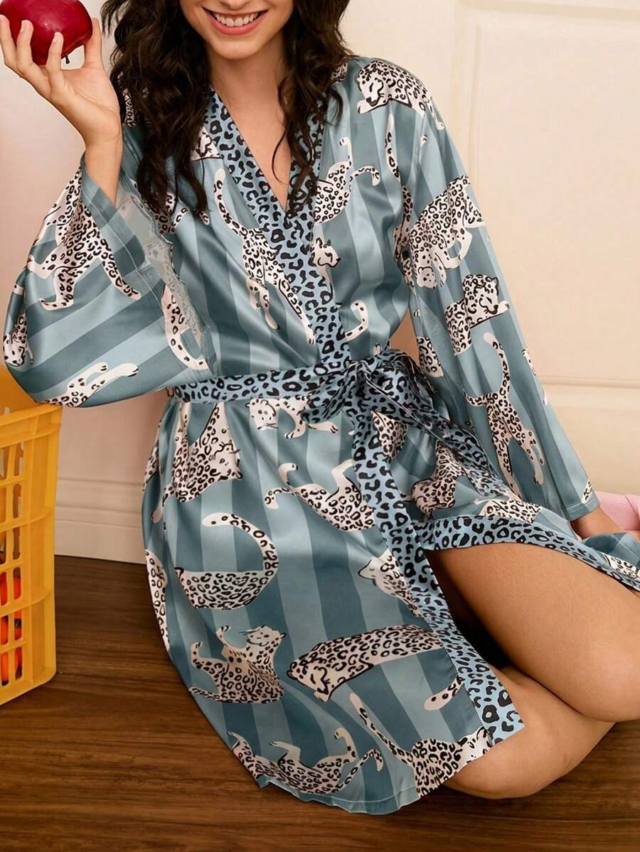 Chillnights 女士休闲撞色豹纹条纹印花宽松舒适缎面睡袍 - 藍色 - 查看 1