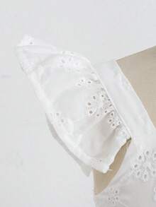 SHEIN KIDS KIDS 女嬰女童編織純色方領荷葉邊露背繫帶蝴蝶結休閒度假優雅洋裝，適合夏季田園海灘度假，附內裡，白色洋裝 - 白色 - 查看 5