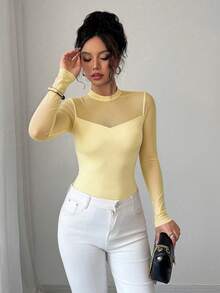 Elenzga Women's Elegant Solid Color Elastic Fitted Sheer Splice Long Sleeve Top, Autumn/Winter - Light Yellow - View 5