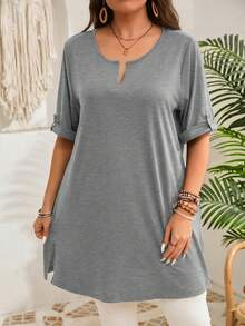 EMERY ROSE Plus Size Women's Grey Sommar Smart Casual Vacation T-Shirt,Solid Color Short Sleeve Tunic Length Tops,Boho Modest Blouse,Daily Wear Gifts For Mother - Dark Grey - View 6