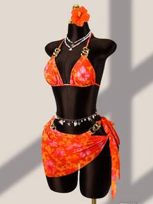 Zestiva 女士三件套泳衣：花卉豹纹链条吊带露背迷你连衣裙，性感沙滩度假装 - 彩色 - 查看 1