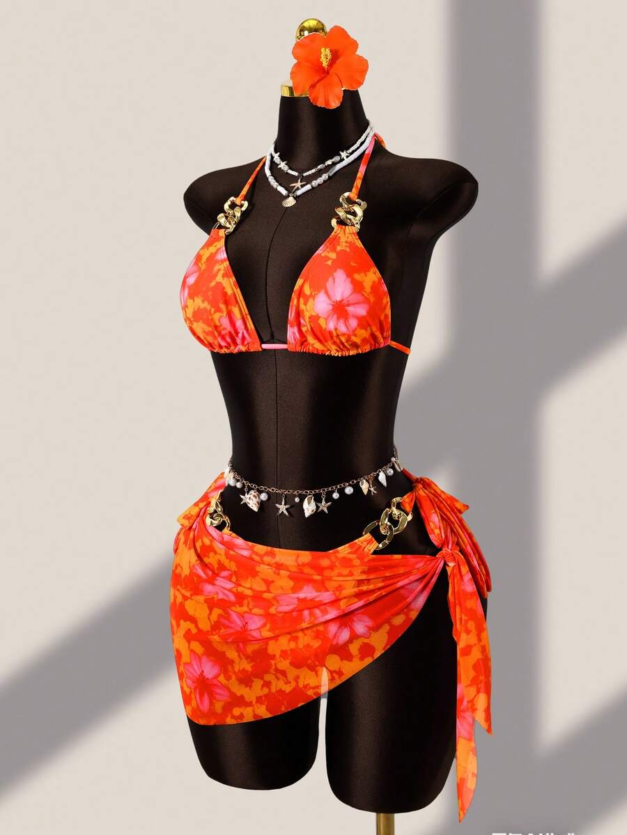 Zestiva 女士三件套泳衣：花卉豹纹链条吊带露背迷你连衣裙，性感沙滩度假装 - 彩色 - 查看 1