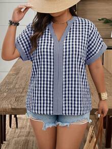 Weeklong Plus Size Women's V-Neck Plaid Patchwork Casual Shirt, Spring/Summer - Navy Blue - View 5