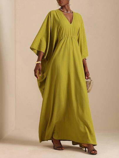 Vesra 女士简约纯色V领宽松长连衣裙，夏季