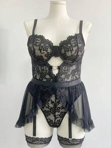 SHEIN Conjunto de lencería de 4 piezas con aros para tallas grandes - Negro - Ver 8