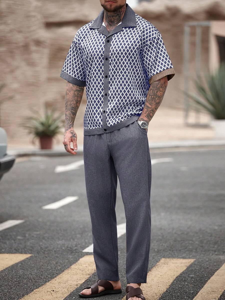 Manfinity Homme Bộ áo sơ mi và quần kẻ caro hình thoi phong cách thường ngày dành cho nam. - Màu xám đen - Xem 1