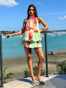 Aloruh Đầm ngắn màu vàng nhạt thanh lịch dành cho nữ, kiểu cổ yếm buộc dây. - màu xanh lá - Xem 5