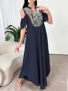 Al Najma Floral Patchwork Off-Shoulder Elegant Arabic Style Dress - Royal Blue - View 5