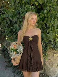 Skyraze Brown Summer Elegant Tight Vacation Holiday Bohemian Strapless Lace Dress,Starfish Detail Flared Hem,Vintage 70s Style Women's Party Beach Wedding - Brown - View 1