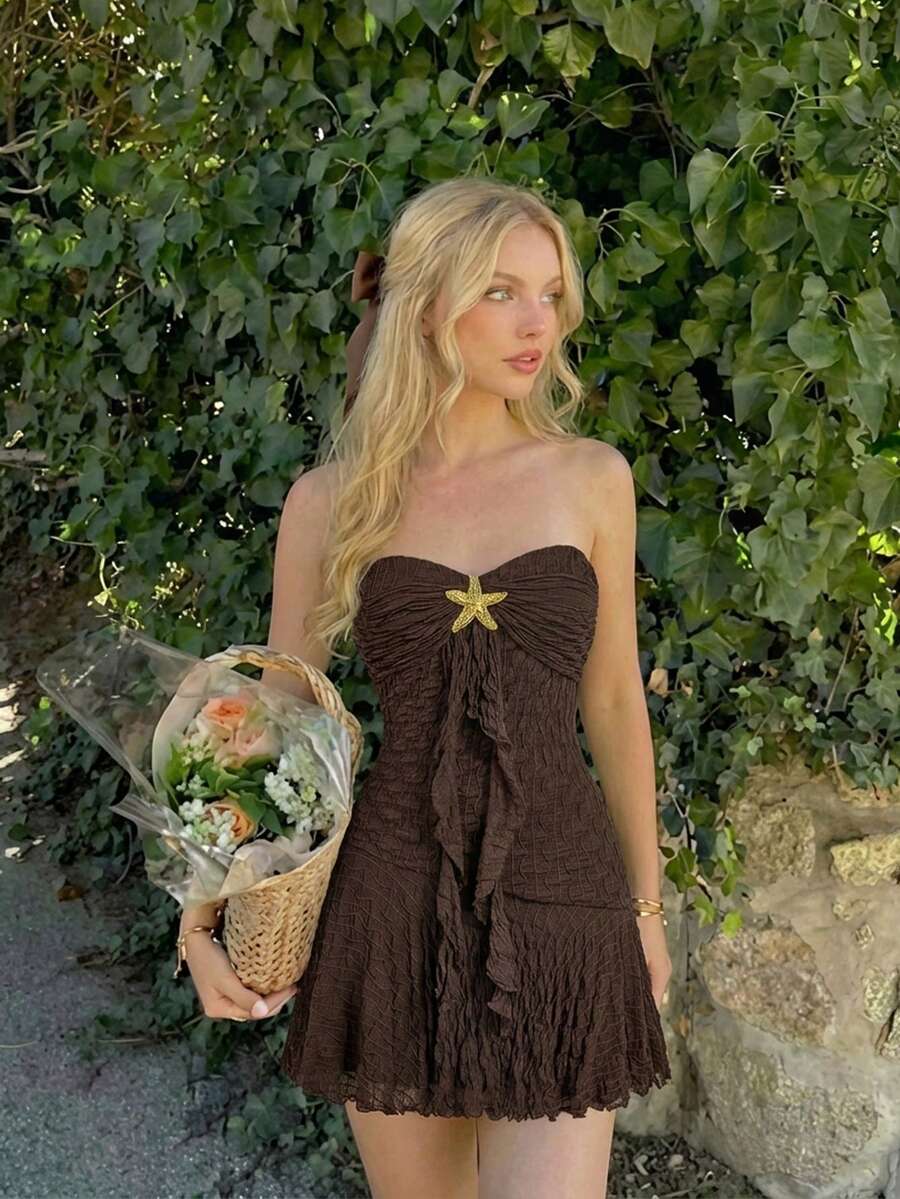 Skyraze Brown Summer Elegant Tight Vacation Holiday Bohemian Strapless Lace Dress,Starfish Detail Flared Hem,Vintage 70s Style Women's Party Beach Wedding - Brown - View 1