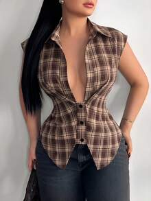 SHEIN SXY 女士格子短袖单排扣性感修身衬衫 - 卡其色 - 查看 4