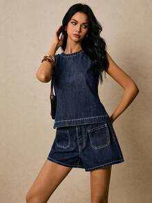 Poéselle Bộ áo gile và quần short denim nữ kiểu dáng thường ngày, thích hợp cho mùa hè. - Rửa tối - Xem 4