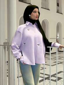 Solavon Áo sơ mi nữ dài tay, cài một hàng khuy, dáng rộng, họa tiết chim chóc, kiểu dáng thường ngày. - Màu tím hoa cà - Xem 4