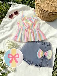 SHEIN Playful Pals 2件套女婴外出服，春夏休闲可爱风，蝴蝶结印花无袖吊带上衣和蝴蝶结装饰短牛仔裤 - 粉色 - 查看 10