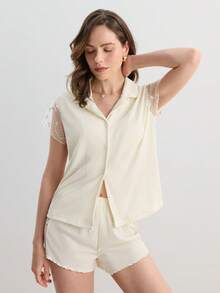 Hourtrue 撞色蕾丝翻领睡衣套装/睡衣套装 - 米色 - 查看 6