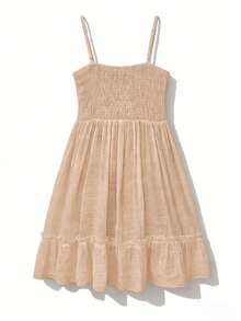 Swim Vcay Vestido de verano de mujer para vacaciones en la playa de unicolor con parches de encaje y volantes en el bajo - Caqui - Ver 7