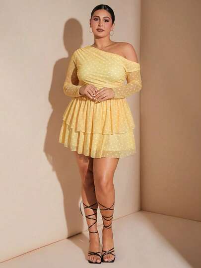 SHEIN BAE Plus Size Autumn Elegant Sexy Women's Black And White Polka Dot Mesh Print Off-Shoulder Multi-Layered Ruffle Long Sleeve Dress, Winter Dresses, Costume, Formal Dresses For Women, New Year Eve Outfit, Y2k, Curve Party Dress Black With White Dots. Romantic, Short Style, High Slit, Sexy, Elegant, Christmas, Holiday Dress Plus, Winter Dresses, Costume