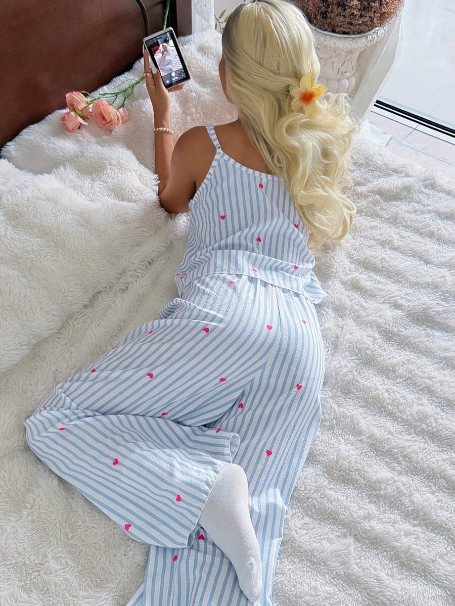 CottageSlumber Women's Striped Heart Print Camisole Top And Wide Leg Pants Casual Pajama Set - Blue and White - View 1