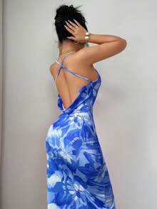 Nuevo Llegado Primavera/Verano Elegante Encantador Sexy Vestido Ajustado con Estampado Floral Rosa Pálido de Cuello Halter y Espalda Descubierta, Adecuado para Vacaciones y Playa - Azul - Ver 3