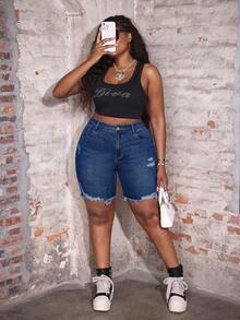 Slaydiva Women Plus Size Distressed Navy Blue Denim Shorts,Summer Casual High Waisted Frayed Hem Jean Shorts,Slim Fit Dark Wash Biker Style Bermuda Jorts - Blue - View 7