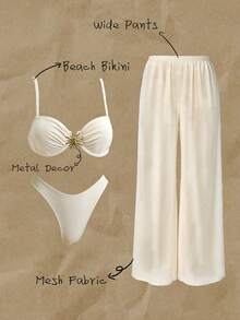 Elavelle Conjunto de bikini de 3 piezas con tirantes de espagueti, sujetador con aros y decoración metálica, pantalones largos de corte alto en unicolor para mujeres, primavera/verano - Beis - Ver 1