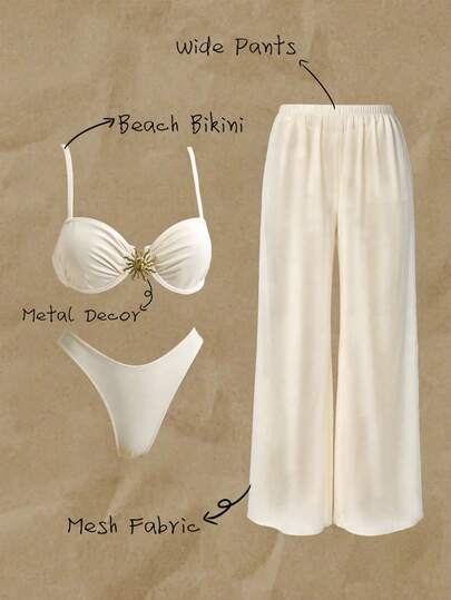 Elavelle Conjunto de bikini de 3 piezas con tirantes de espagueti, sujetador con aros y decoración metálica, pantalones largos de corte alto en unicolor para mujeres, primavera/verano