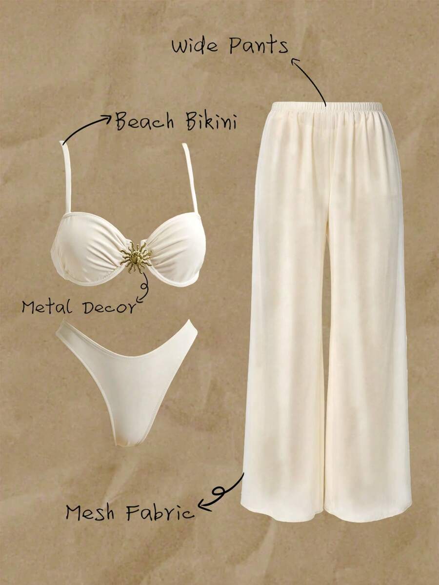 Elavelle Conjunto de bikini de 3 piezas con tirantes de espagueti, sujetador con aros y decoración metálica, pantalones largos de corte alto en unicolor para mujeres, primavera/verano - Beis - Ver 1
