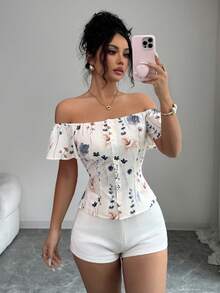 SHEIN Elenzya 露肩收腰印花休闲衬衫 - 彩色 - 查看 6