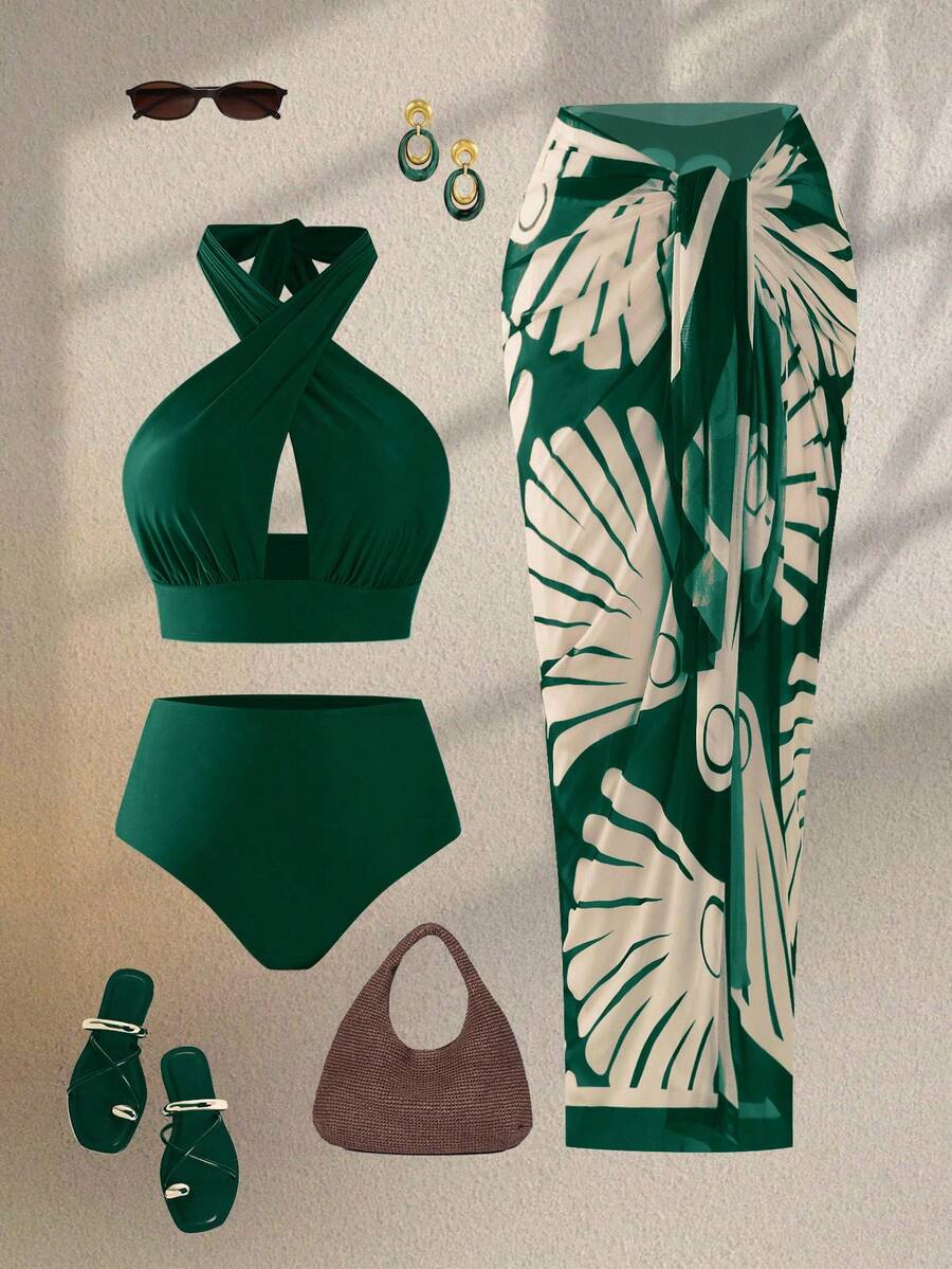 Swim Oasis 大码女式咖啡色交叉露背吊带镂空上衣和高腰比基尼泳裤套装,搭配印花网纱长裙,适合夏季海滩度假 - 綠色 - 查看 1
