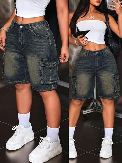 Jeanoix Quần short denim dáng rộng, đa năng dành cho nữ, có túi hộp.