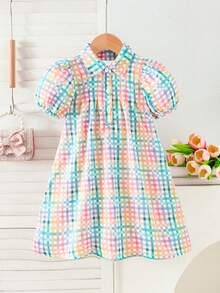 SHEIN Elladie kids 女童彩色格子蝴蝶结印花连衣裙，饰有粉色大蝴蝶结，休闲度假可爱彼得潘领褶裥连衣裙，适合日常休闲、通勤、度假等场合，甜美可人。 - 彩色 - 查看 3