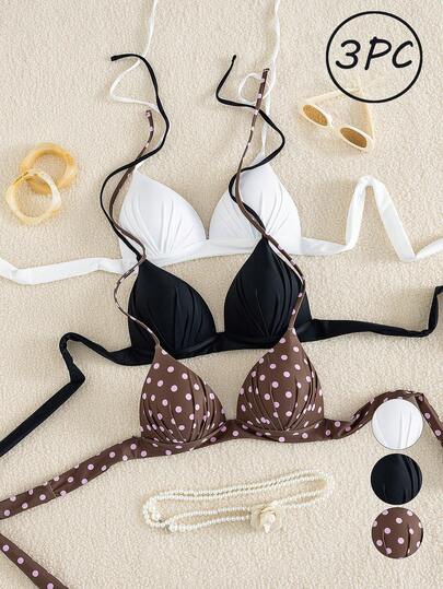 Swim Vcay 3pcs/Set Women's Halter Tie Bikini Top, Includes Black, Polka Dot, And White Styles, High Cost-Performance, Multiple Colors Available To Meet Different Vacation Styles, Summer Beach Holiday Swimwear