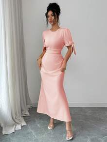 Elenzga 女士纯色圆领花瓣袖优雅连衣裙 - 粉色 - 查看 3