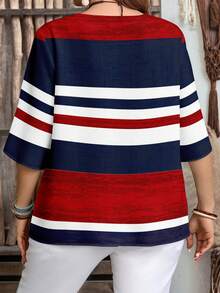 EMERY ROSE Casual Minimalist Vintage Coin Style Nautical Red Blue White Striped Placement Print 3/4 Sleeve Shirt For Women, Suitable For Spring & Summer - Multicolor - View 2