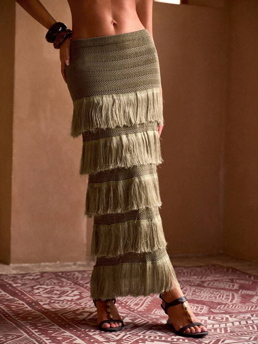 MOTF PREMIUM 波西米亚风飘逸流苏浪漫优雅女士沙滩长款罩衫裙，适合夏季度假 - 綠色 - 查看 2