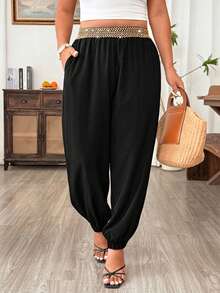 Weeklong Plus Size Women's Elegant Casual Vintage Design Gold Elastic Waist Patchwork Black Loose Harem Pants For Summer - Black - View 5