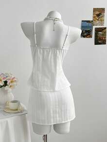 Elamini Women's Casual Sexy Lace Patchwork Camisole & Textured Knit 2 Pieces Set - White - View 2