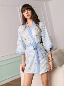 Casual Vacation, Contrast Striped Lemon Print, Mid-Sleeve Short Women Robe - Blue - View 3