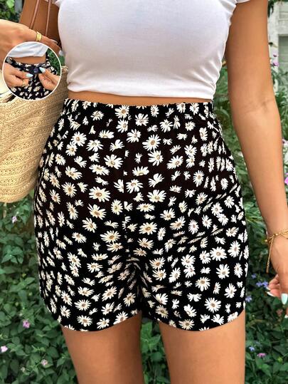 SHEIN Quần short bầu mùa hè kiểu dáng thường ngày, họa tiết hoa cúc khắp thân quần, cạp chun điều chỉnh được.