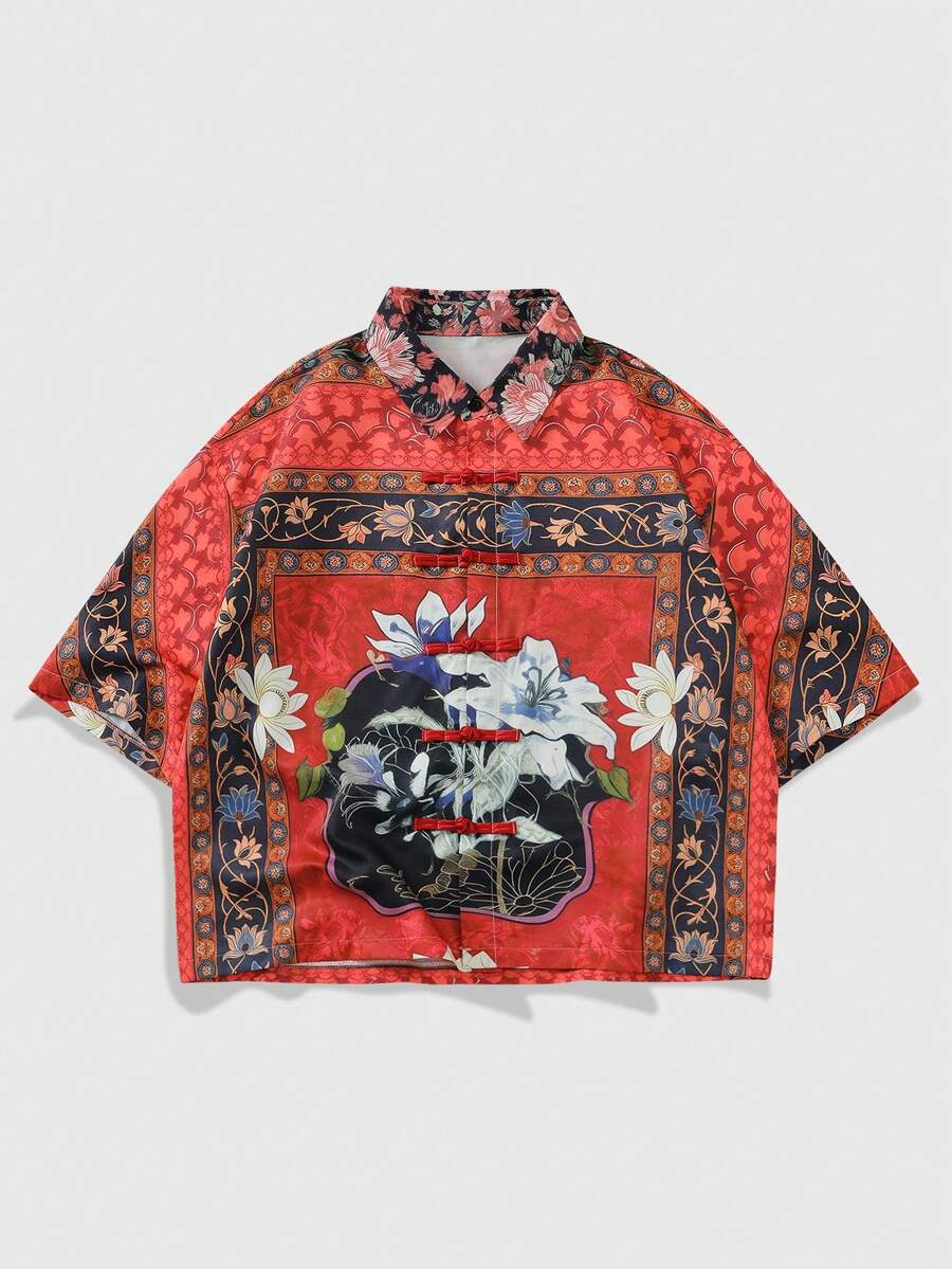 Street Life 男士复古花卉图案休闲前开襟衬衫，短袖 - 紅色 - 查看 1