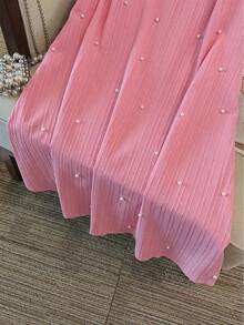 GlowEve CURVE Plus Size Women's Ruffled Collar Pearl Beaded Double-Layer Cap Sleeve Loose Dress, Textured Elegant Sweet Dress For Spring/Summer - Dusty Pink - View 8