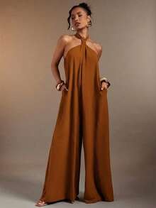 Hauture Women's Sexy Solid Color Backless Halter Neck Loose Jumpsuit - Rust Brown - View 4