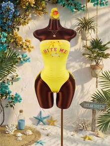 Amplova 新款女士黄色抹胸连体裤，印有度假标语 - 黃色 - 查看 4