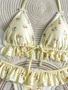 Swim Mod Women's Summer Beach Vacation Vacation Textured Fabric Printed Sweet Ruffle Bow Decor Halter Backless Sexy Tropical Bikini Set Butter Yellow - Pale Yellow - View 6