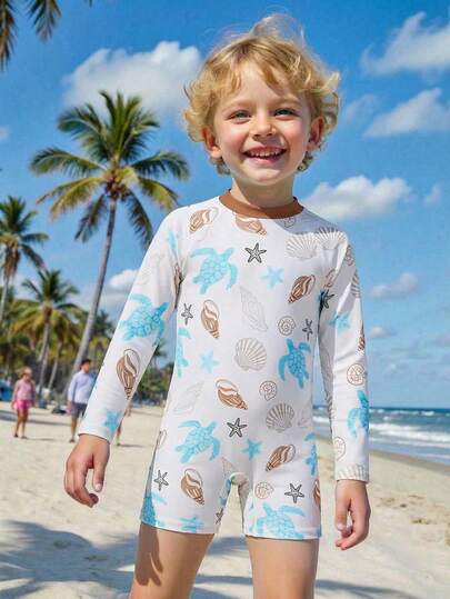 Young BoyOne-Piece Swimsuit With Ocean Creature Prints, Fresh White Base With Whales, Octopus Patterns, Long Sleeve UV Protection, Zipper Front Convenient Wear, Comfortable Fabric Fitting Boys' Active Lifestyle, Ideal For Swimming Pool, Beach Play
