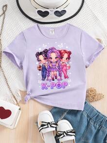 Girls' Casual Cute Cartoon Virtual Idol, Ice Cream, Butterfly, Star, Heart Graphic Tee, Comfortable Daily Wear, Suitable For Spring, Summer, Autumn - Purple - View 8