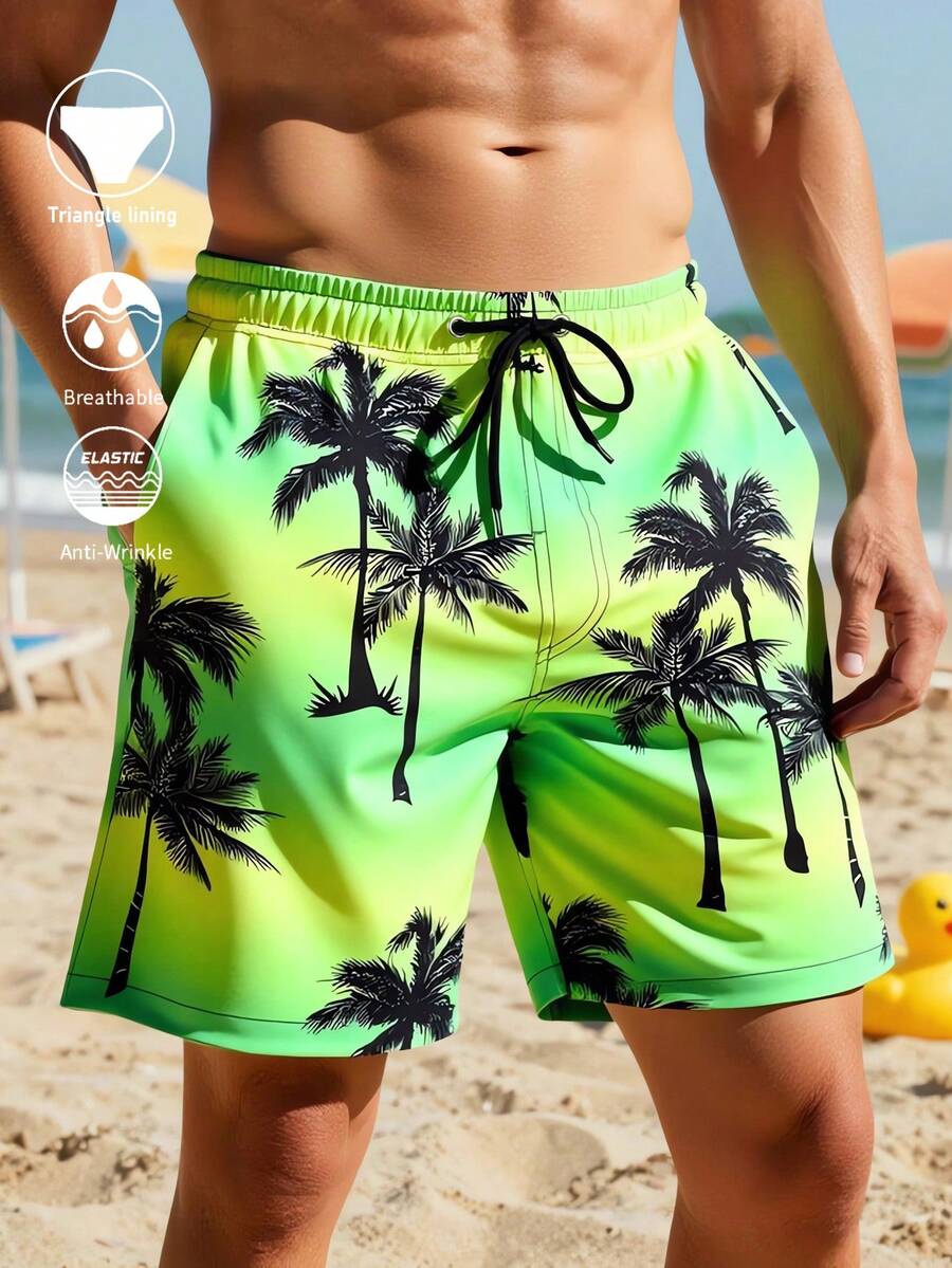 Surfspeed Pantalones cortos de playa con cordón en la cintura y estampado de palmeras para hombre - Verde - Ver 1